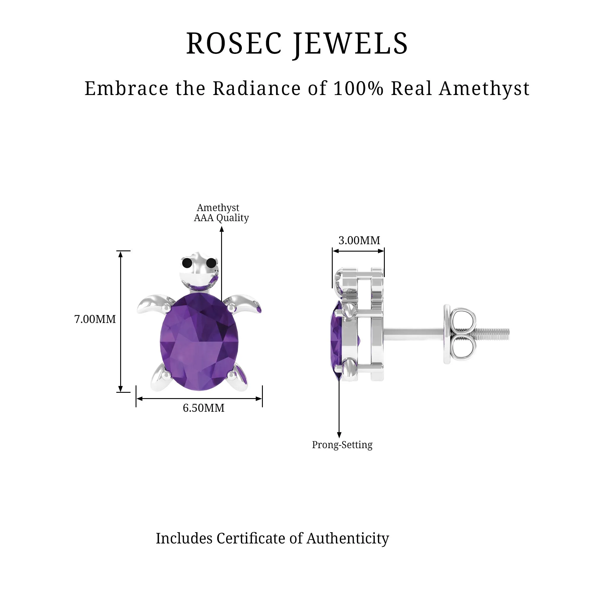 0.50 Oval Cut Amethyst Solitaire Turtle Stud Earrings in Silver