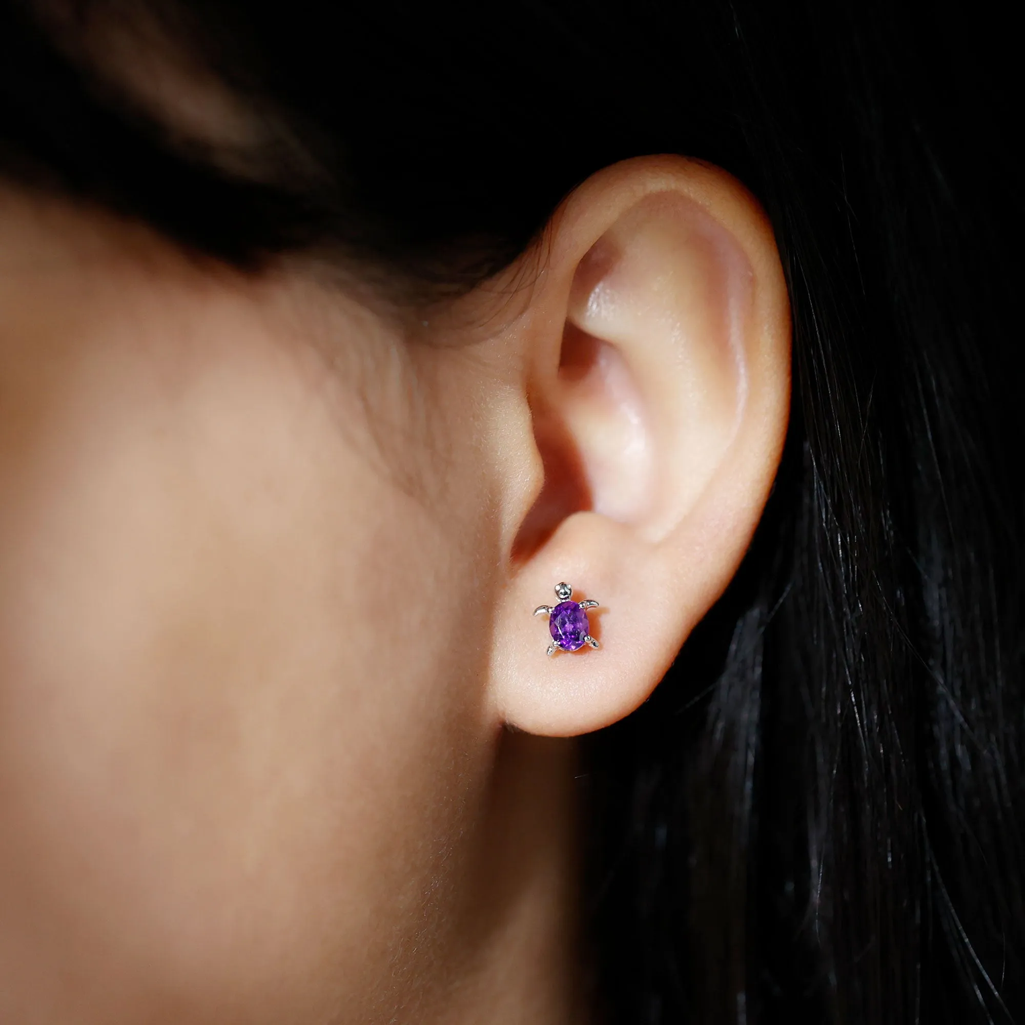 0.50 Oval Cut Amethyst Solitaire Turtle Stud Earrings in Silver