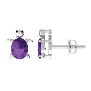 0.50 Oval Cut Amethyst Solitaire Turtle Stud Earrings in Silver