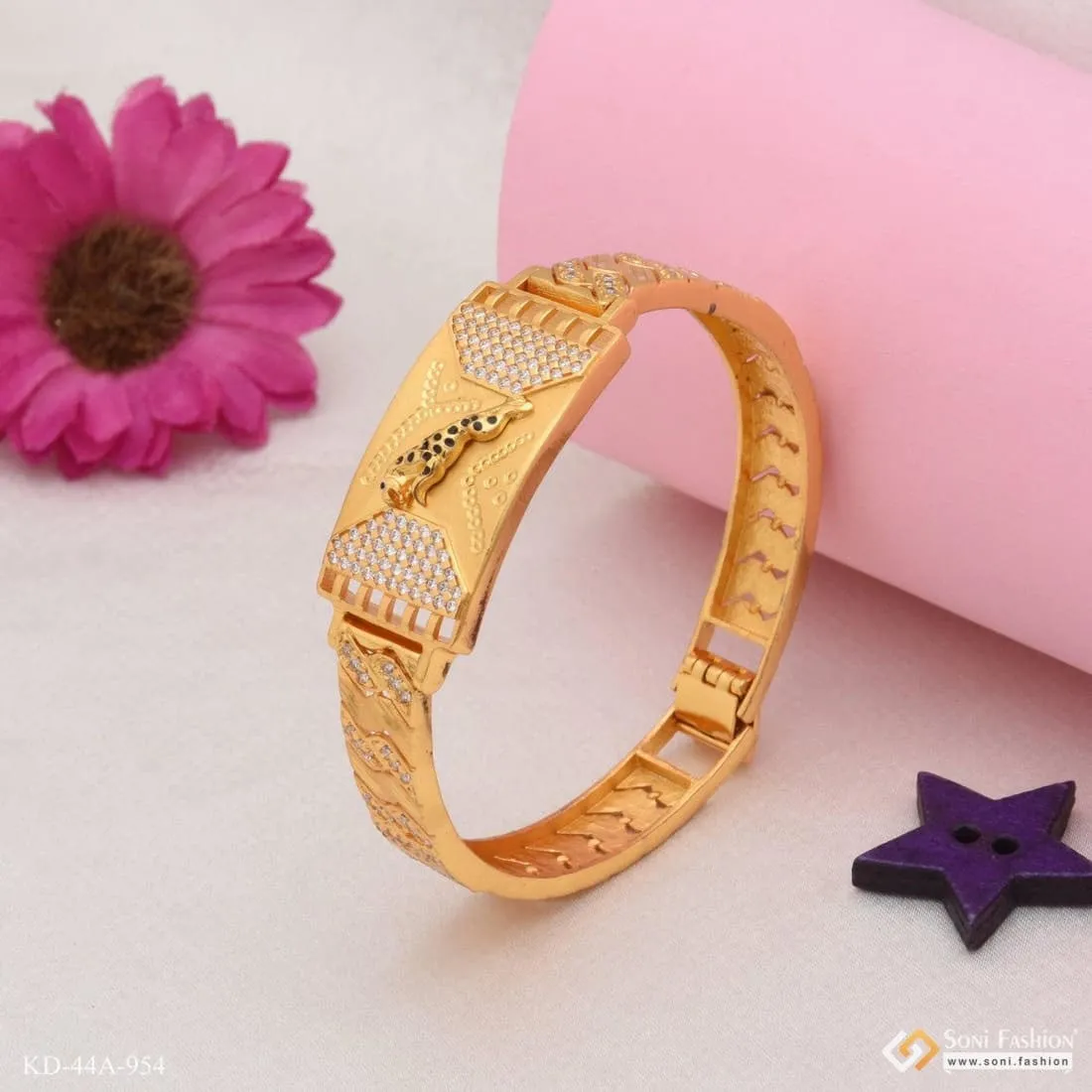 1 Gram Gold Forming jaguar with Diamond Antique Design Kada for Men - Style A954