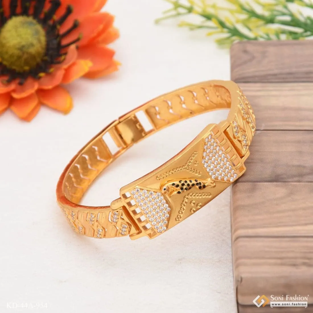 1 Gram Gold Forming jaguar with Diamond Antique Design Kada for Men - Style A954