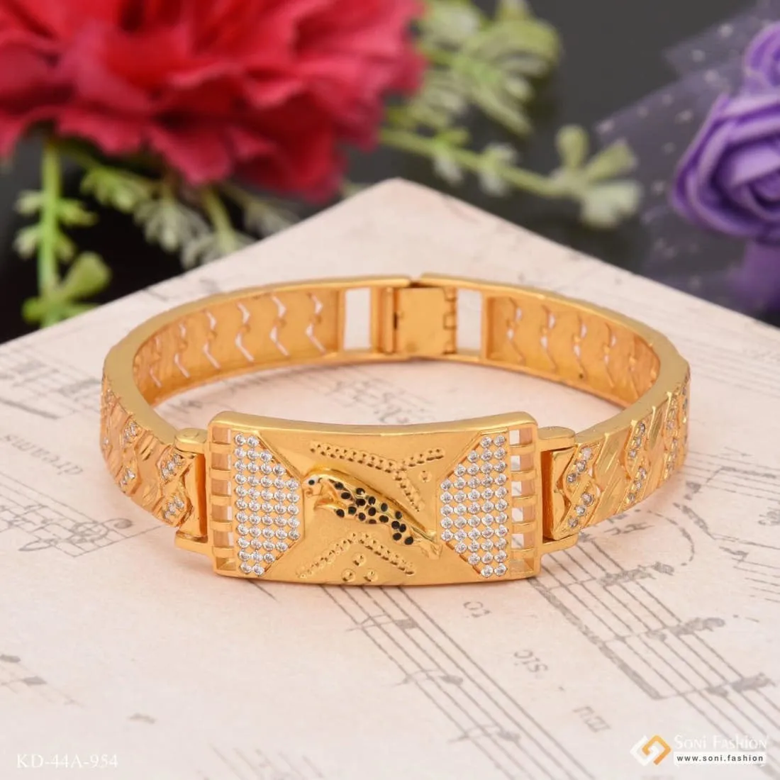 1 Gram Gold Forming jaguar with Diamond Antique Design Kada for Men - Style A954