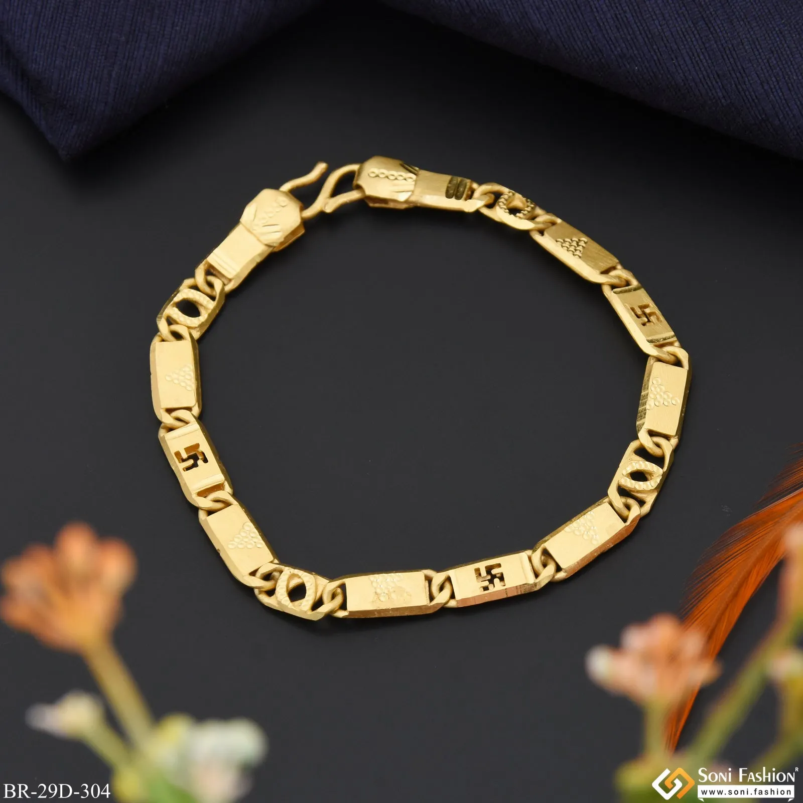1 Gram Gold Plated Swastika Design Nawabi Bracelet for Men - Style D304
