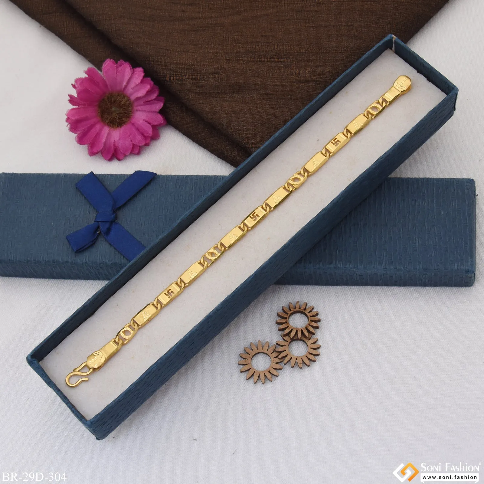 1 Gram Gold Plated Swastika Design Nawabi Bracelet for Men - Style D304