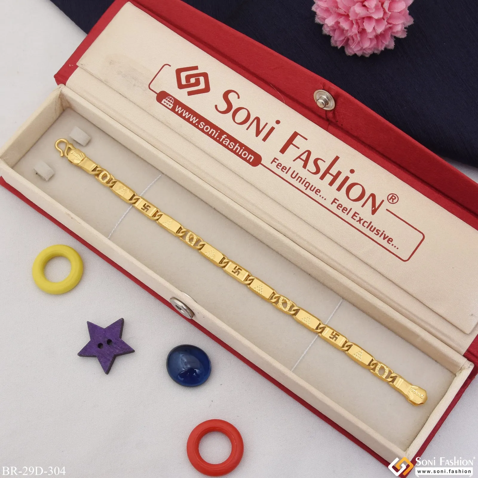 1 Gram Gold Plated Swastika Design Nawabi Bracelet for Men - Style D304