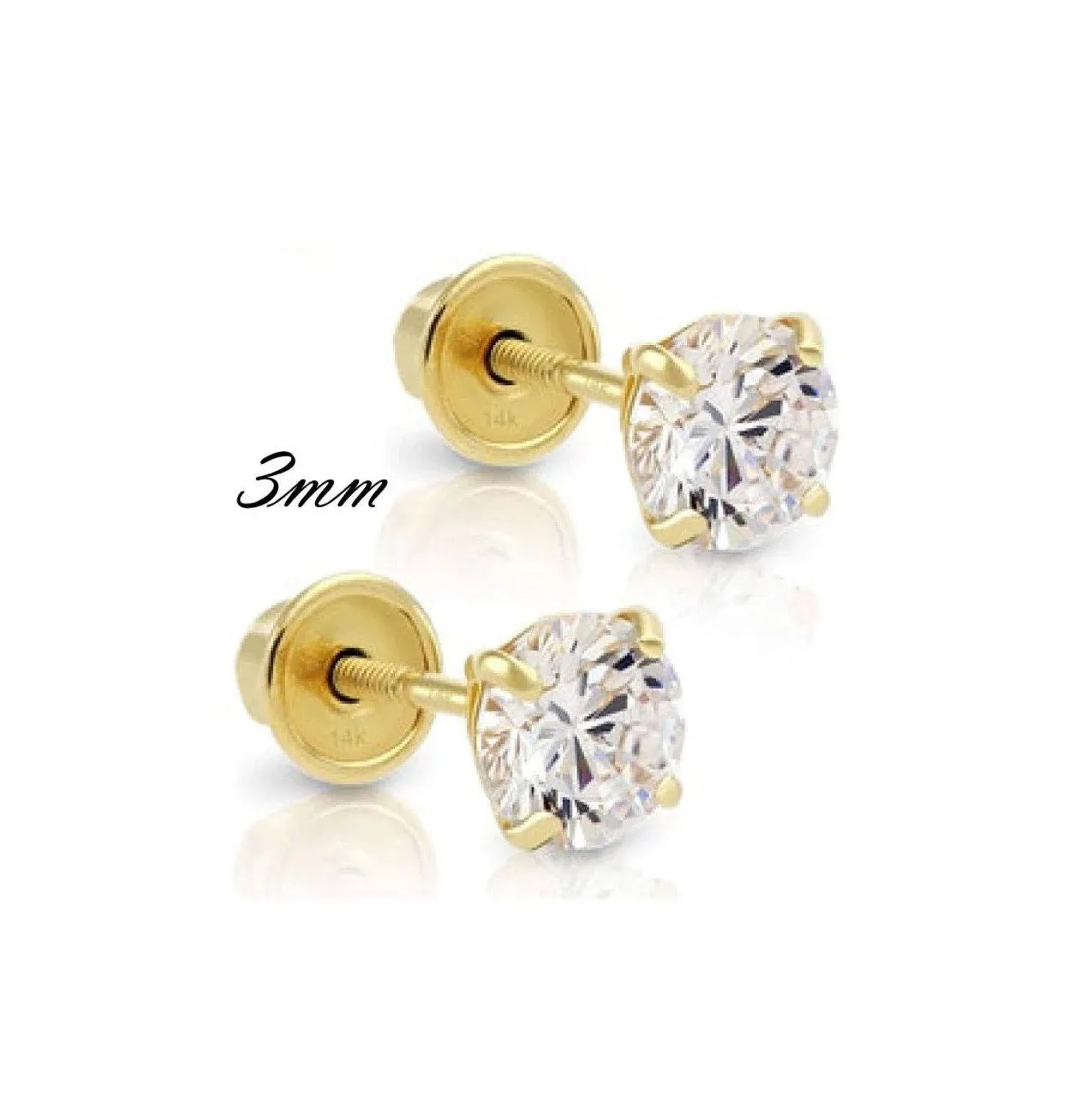 10K Yellow Gold Baby Kids CZ Stud Earrings Screw Back 3mm Gifts for Babies Womens