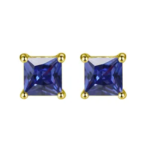 10k Yellow Gold Plated 1 Carat Princess Cut Created Blue Sapphire Stud Earrings