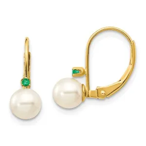 14k Pearl Emerald Leverback Earrings