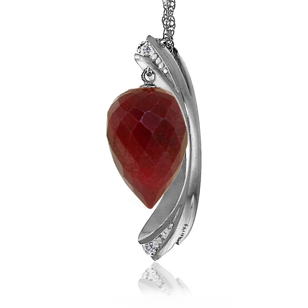 14K Solid White Gold Necklace w/ Diamonds & Briolette Pointy Drop Dyed Ruby