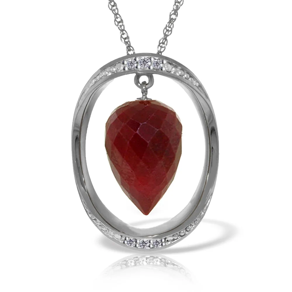 14K Solid White Gold Necklace w/ Diamonds & Briolette Pointy Drop Dyed Ruby