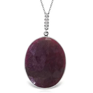 14K Solid White Gold Necklace w/ Diamonds & Oval Checkerboard Cut Dyed Ruby