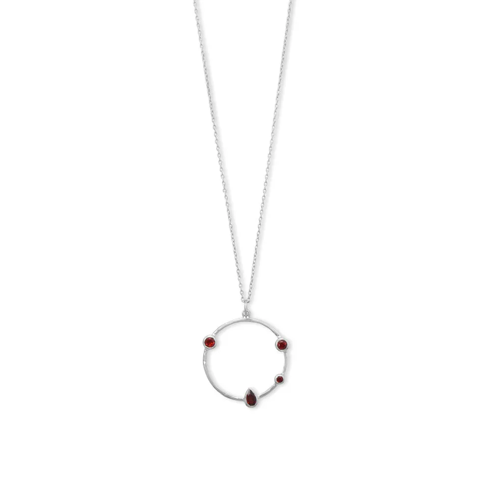 16"   2" Rhodium Plated Garnet and Hammered Circle Necklace