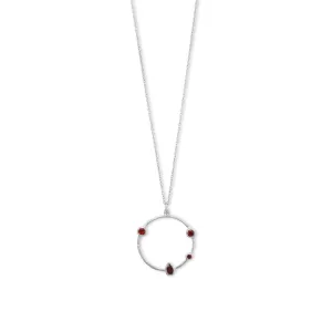 16"   2" Rhodium Plated Garnet and Hammered Circle Necklace