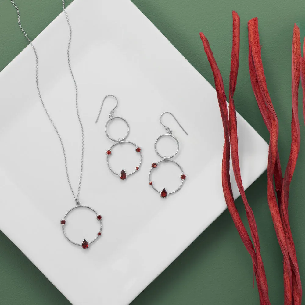16"   2" Rhodium Plated Garnet and Hammered Circle Necklace