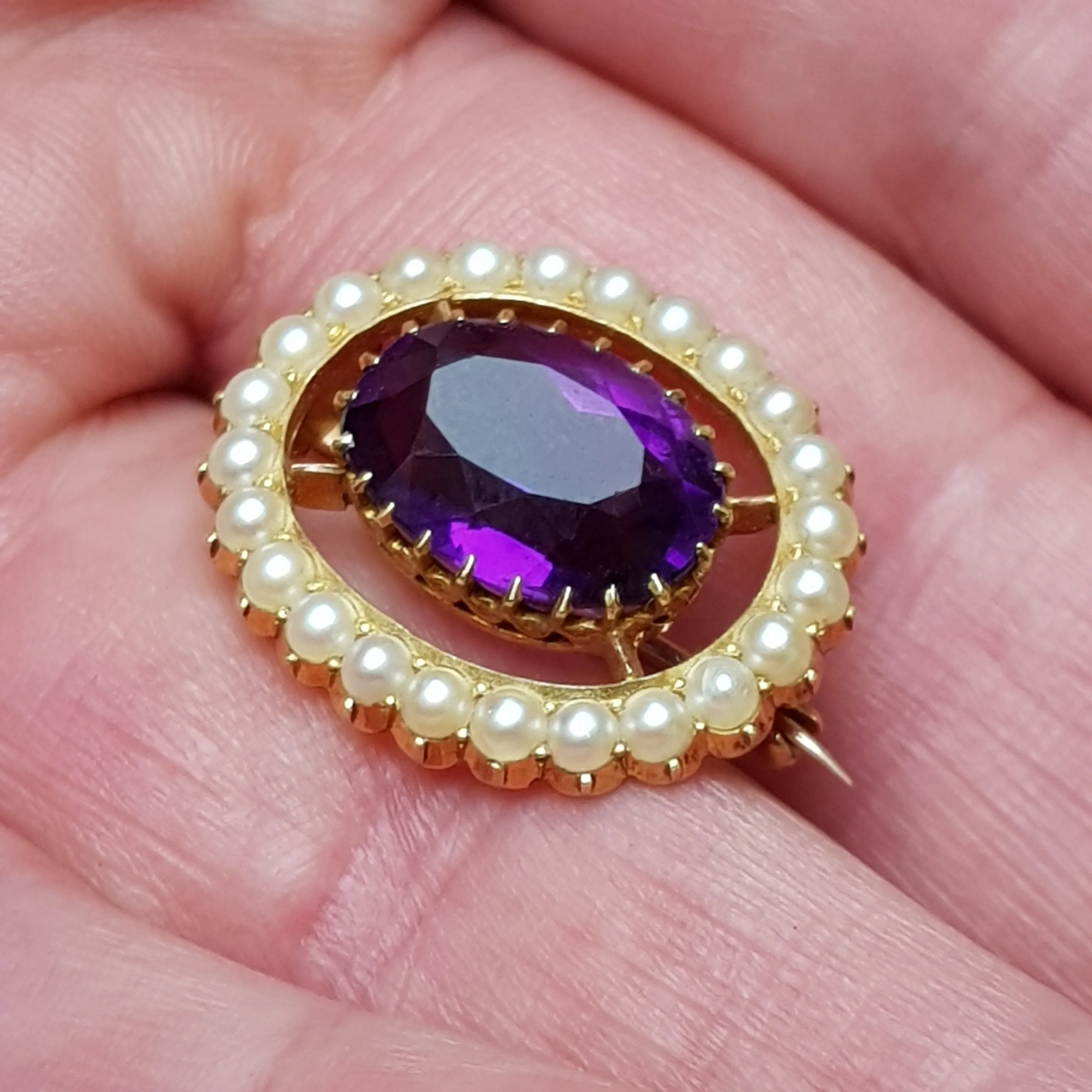 18k Gold Amethyst Seed Pearl Lace Pin Brooch Antique Edwardian circa 1905