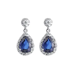 18K White Gold Pear Sapphire with Diamond Halo Dangle Earrings