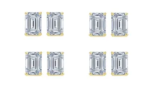 18k Yellow Gold 1Ct Emerald Cut White Sapphire Set Of Four Stud Earrings Plated