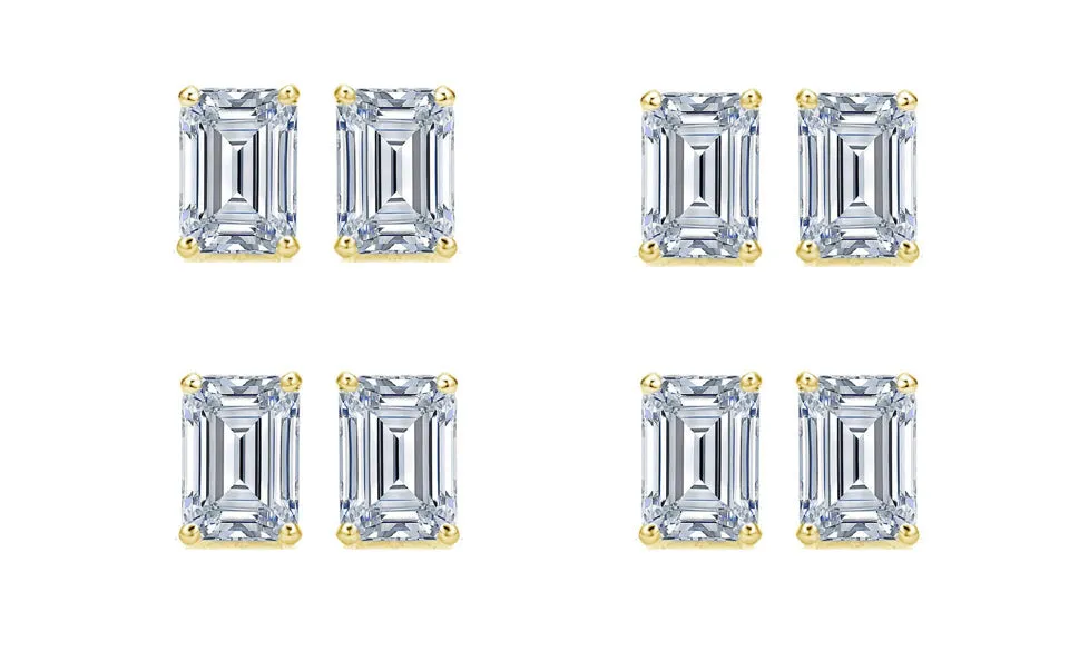 18k Yellow Gold 1Ct Emerald Cut White Sapphire Set Of Four Stud Earrings Plated