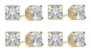 18k Yellow Gold 4mm 2Ct Cushion Cut White Sapphire Set Of Four Stud Earrings Plated