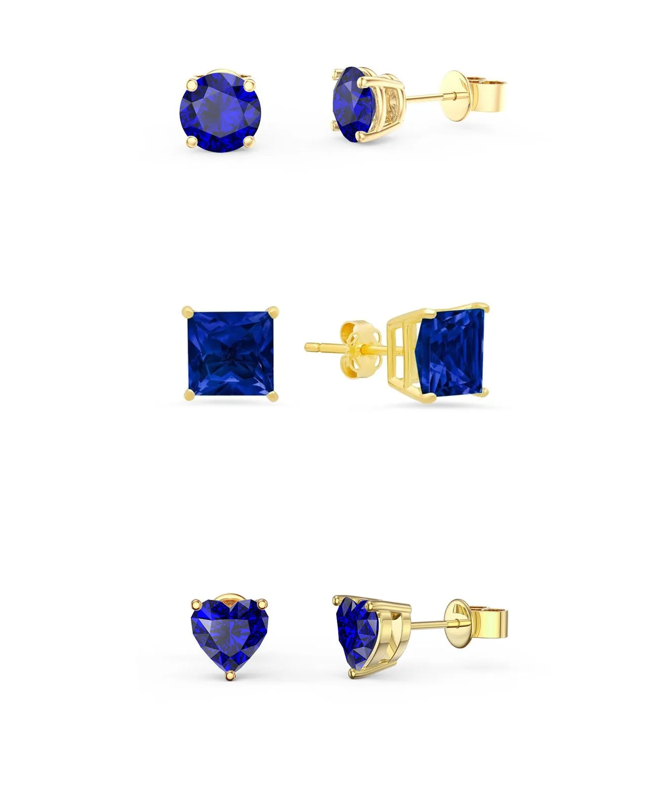 18k Yellow Gold Plated 1/4Cttw 4mm Created Blue Sapphire 3 Pair Round, Square and Heart Stud Earrings