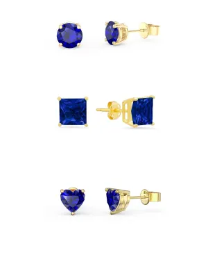 18k Yellow Gold Plated 1/4Cttw 4mm Created Blue Sapphire 3 Pair Round, Square and Heart Stud Earrings
