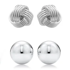 2-Pairs: Sterling Silver Love Knot and Ball Stud Earring Set