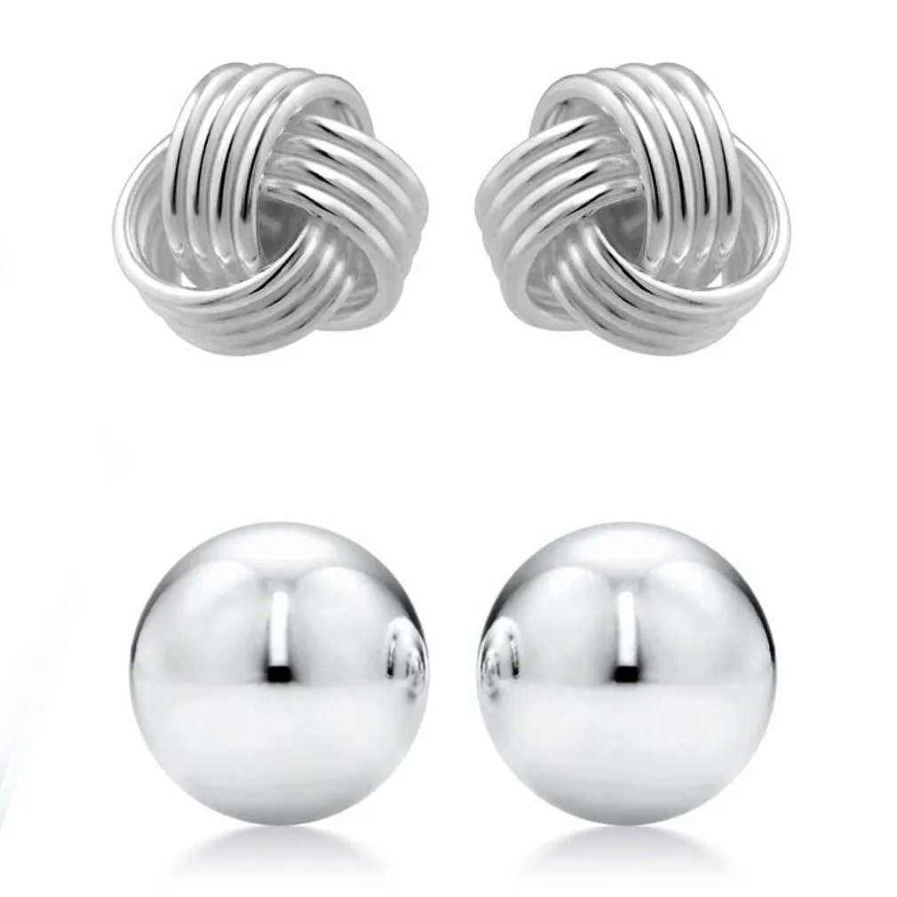 2-Pairs: Sterling Silver Love Knot and Ball Stud Earring Set