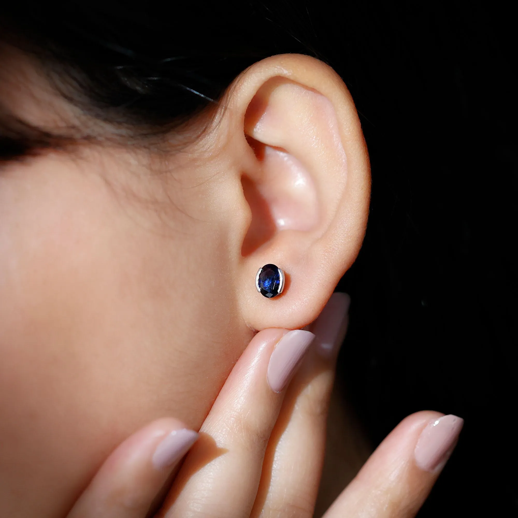 5X7 MM Oval Cut Created Blue Sapphire Solitaire Stud Earrings