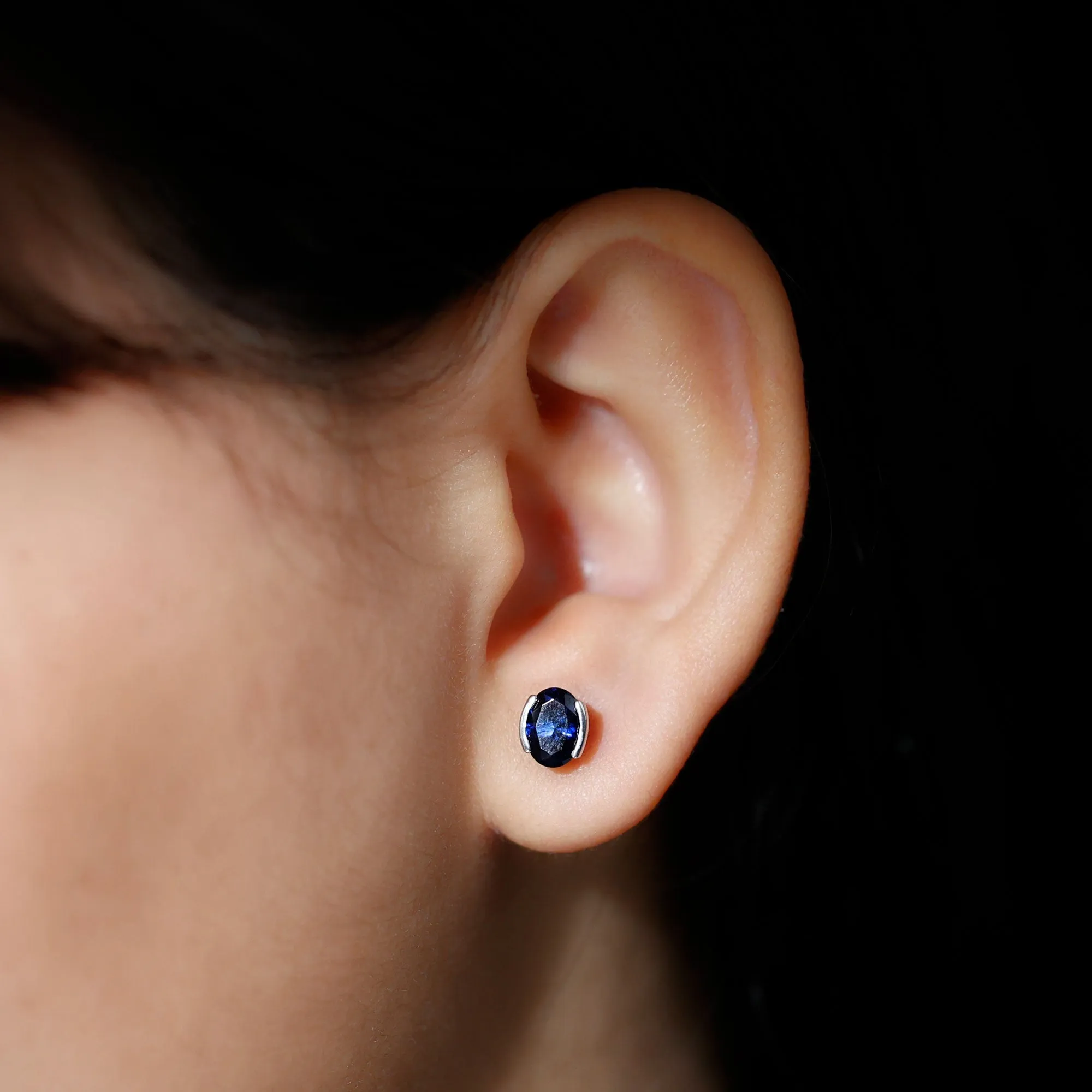 5X7 MM Oval Cut Created Blue Sapphire Solitaire Stud Earrings