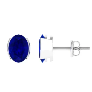 5X7 MM Oval Cut Created Blue Sapphire Solitaire Stud Earrings
