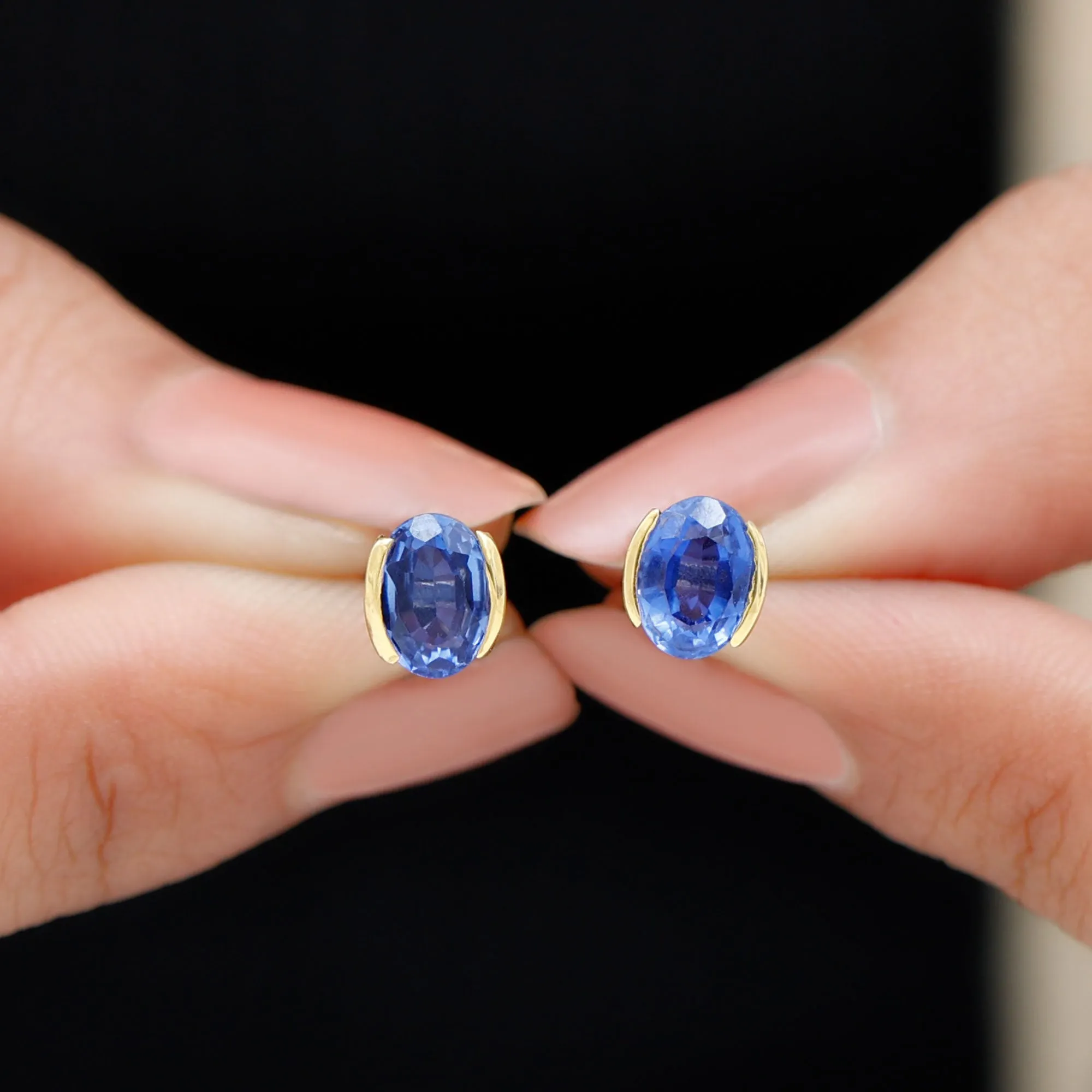 5X7 MM Oval Cut Created Blue Sapphire Solitaire Stud Earrings