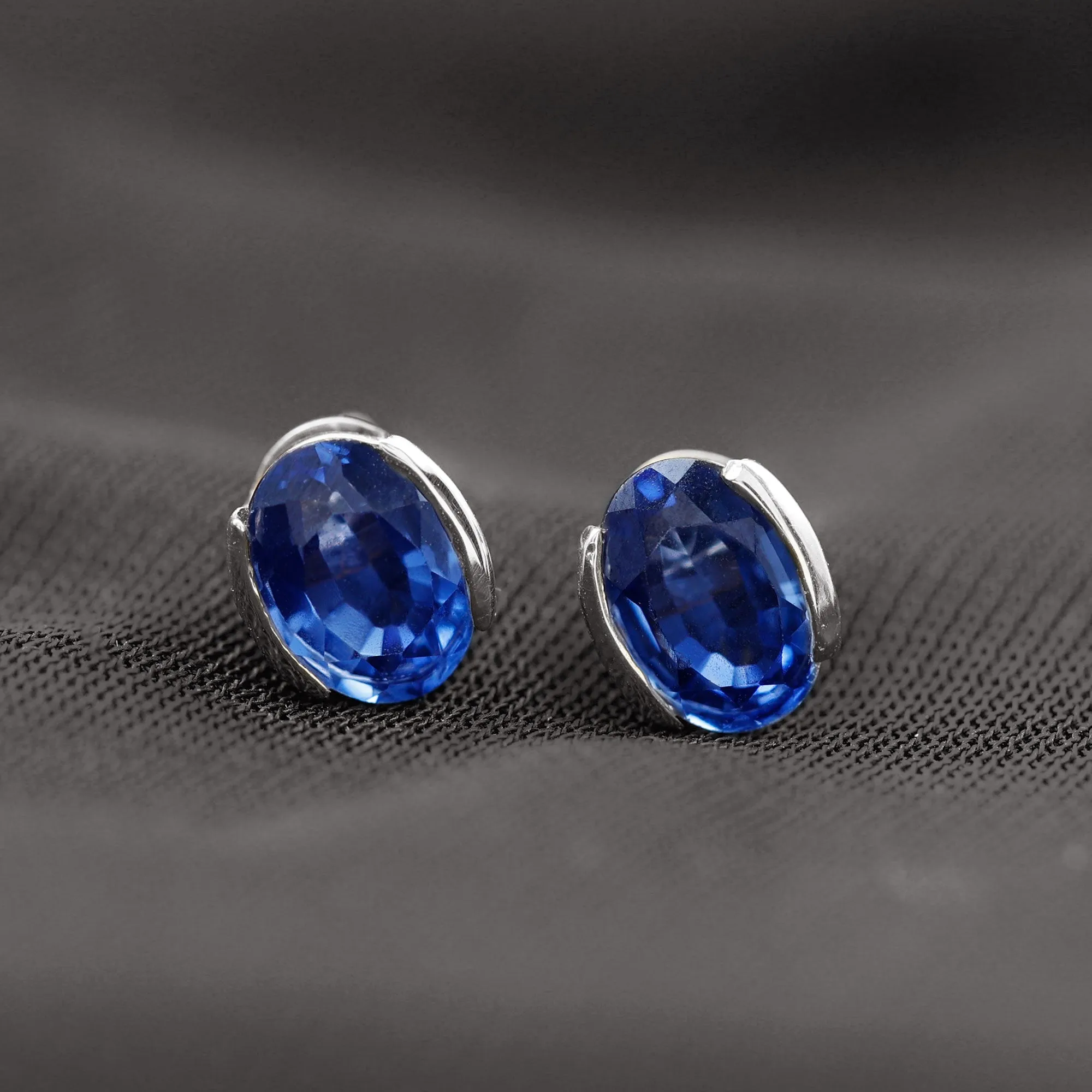 5X7 MM Oval Cut Created Blue Sapphire Solitaire Stud Earrings