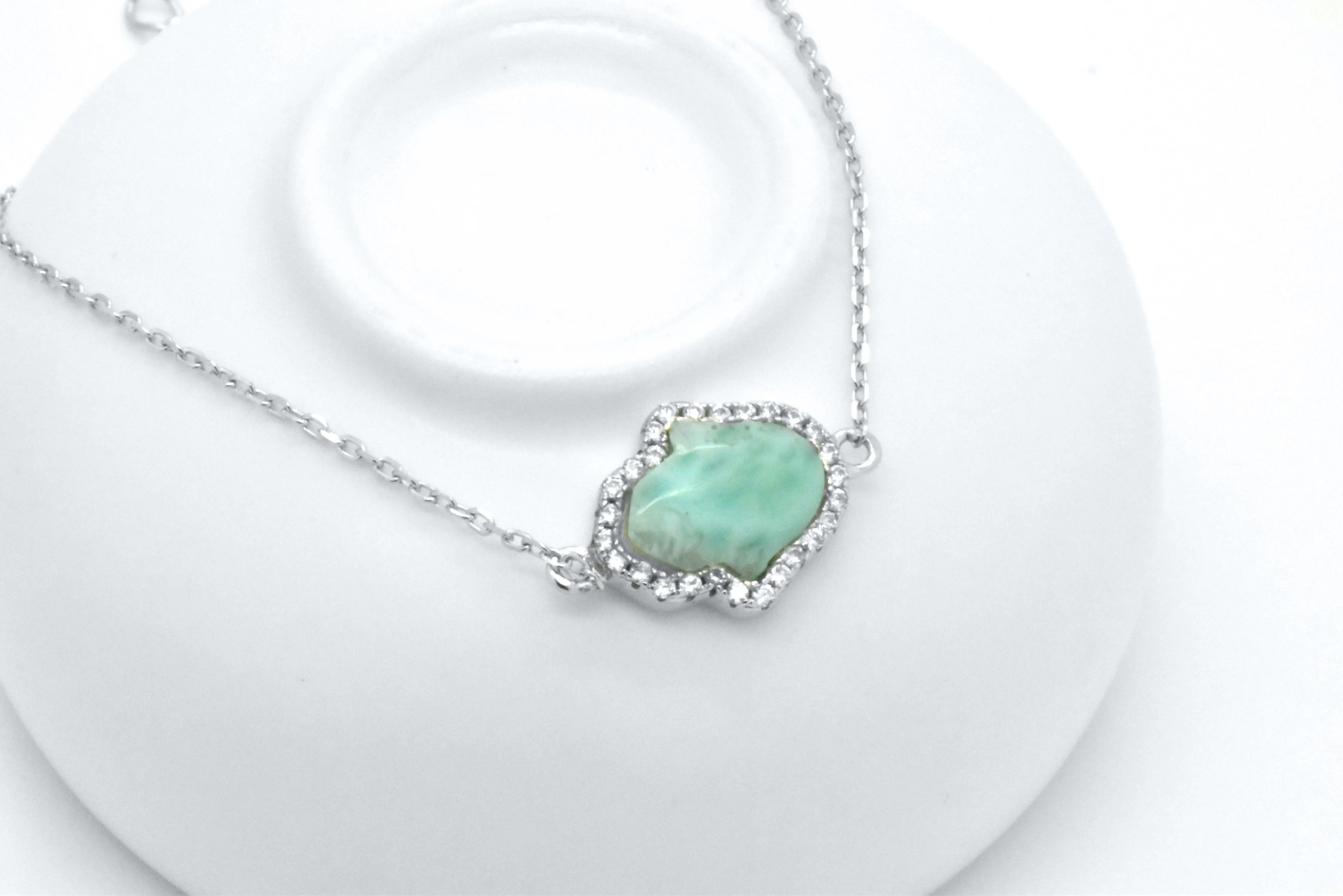 925 Sterling Silver Natural Blue Green larimar Hamsa Hand of Fatima Halo Adjustable Bracelet