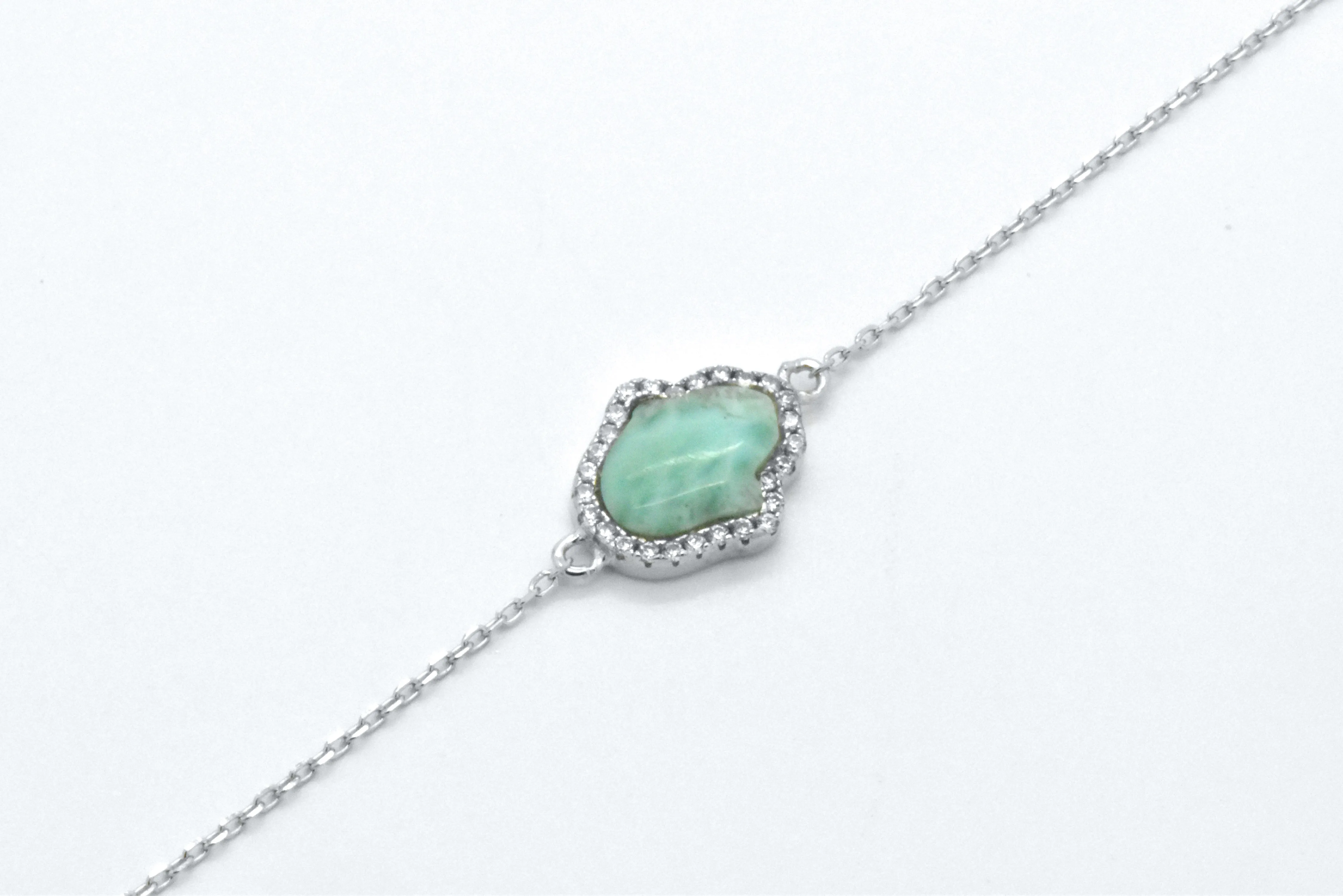 925 Sterling Silver Natural Blue Green larimar Hamsa Hand of Fatima Halo Adjustable Bracelet