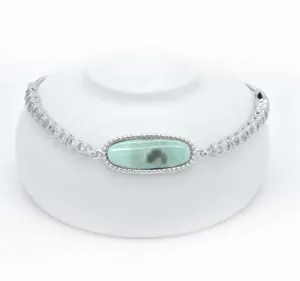 925 Sterling Silver Natural Blue Green larimar Oval Adjustable Tennis String Bracelet