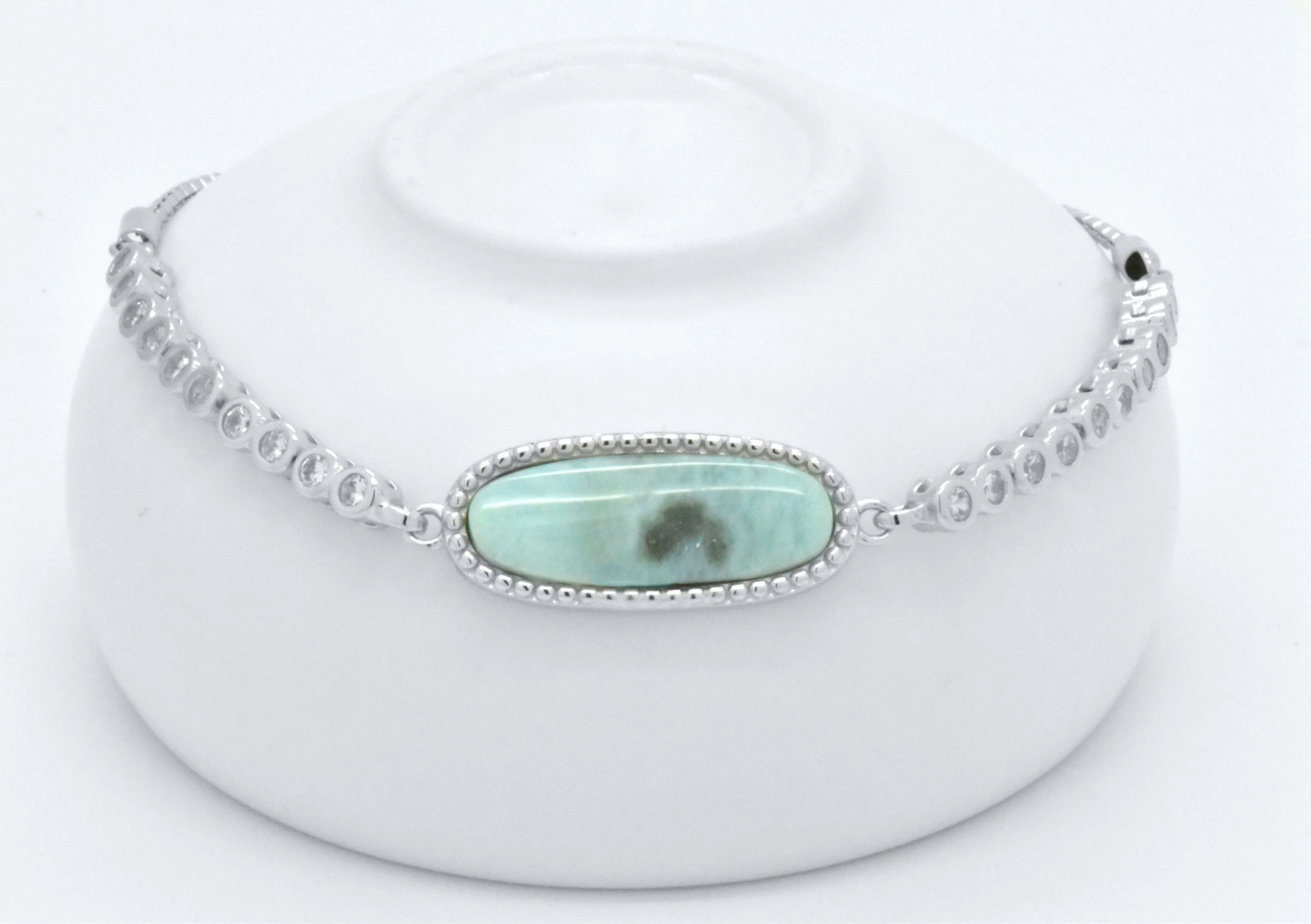925 Sterling Silver Natural Blue Green larimar Oval Adjustable Tennis String Bracelet