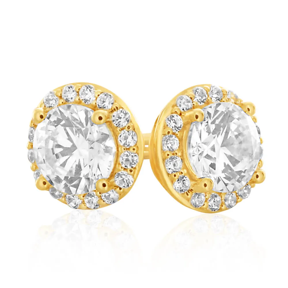 9ct Yellow Gold Cubic Zirconia Halo Stud Earrings