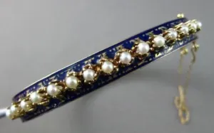 ANTIQUE WIDE 14KT Y VICTORIAN BLUE ENAMEL SOUTH SEA PEARL FILIGREE BANGLE #1746