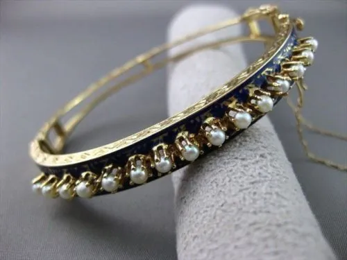 ANTIQUE WIDE 14KT Y VICTORIAN BLUE ENAMEL SOUTH SEA PEARL FILIGREE BANGLE #1746