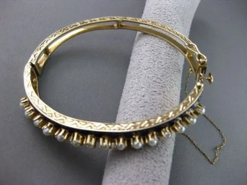 ANTIQUE WIDE 14KT Y VICTORIAN BLUE ENAMEL SOUTH SEA PEARL FILIGREE BANGLE #1746