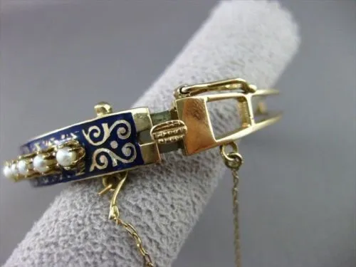 ANTIQUE WIDE 14KT Y VICTORIAN BLUE ENAMEL SOUTH SEA PEARL FILIGREE BANGLE #1746