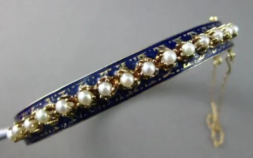 ANTIQUE WIDE 14KT Y VICTORIAN BLUE ENAMEL SOUTH SEA PEARL FILIGREE BANGLE #1746