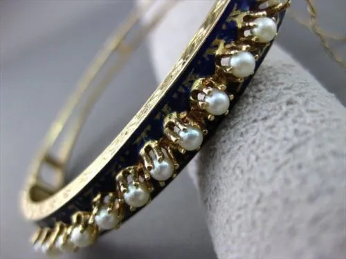 ANTIQUE WIDE 14KT Y VICTORIAN BLUE ENAMEL SOUTH SEA PEARL FILIGREE BANGLE #1746