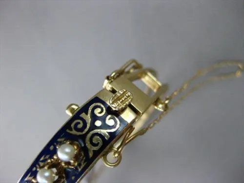 ANTIQUE WIDE 14KT Y VICTORIAN BLUE ENAMEL SOUTH SEA PEARL FILIGREE BANGLE #1746