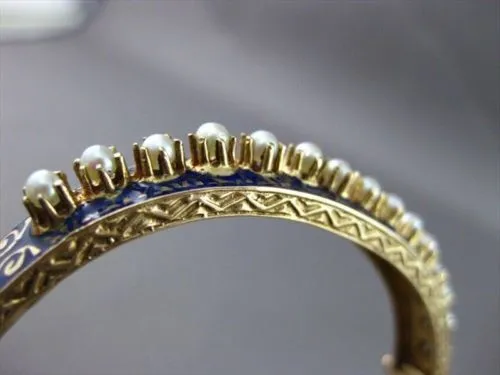 ANTIQUE WIDE 14KT Y VICTORIAN BLUE ENAMEL SOUTH SEA PEARL FILIGREE BANGLE #1746