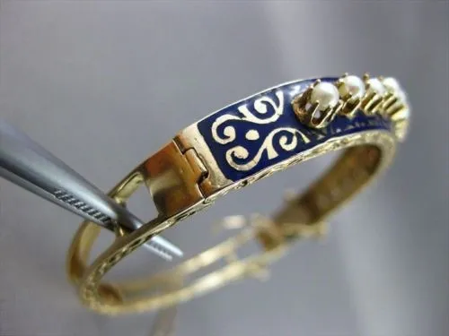 ANTIQUE WIDE 14KT Y VICTORIAN BLUE ENAMEL SOUTH SEA PEARL FILIGREE BANGLE #1746