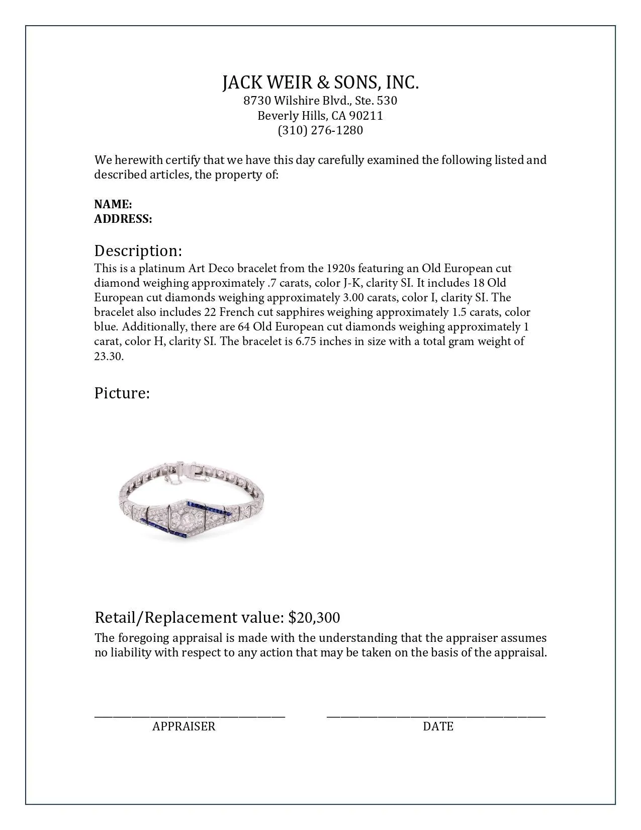 Art Deco Diamond Sapphire Platinum Bracelet