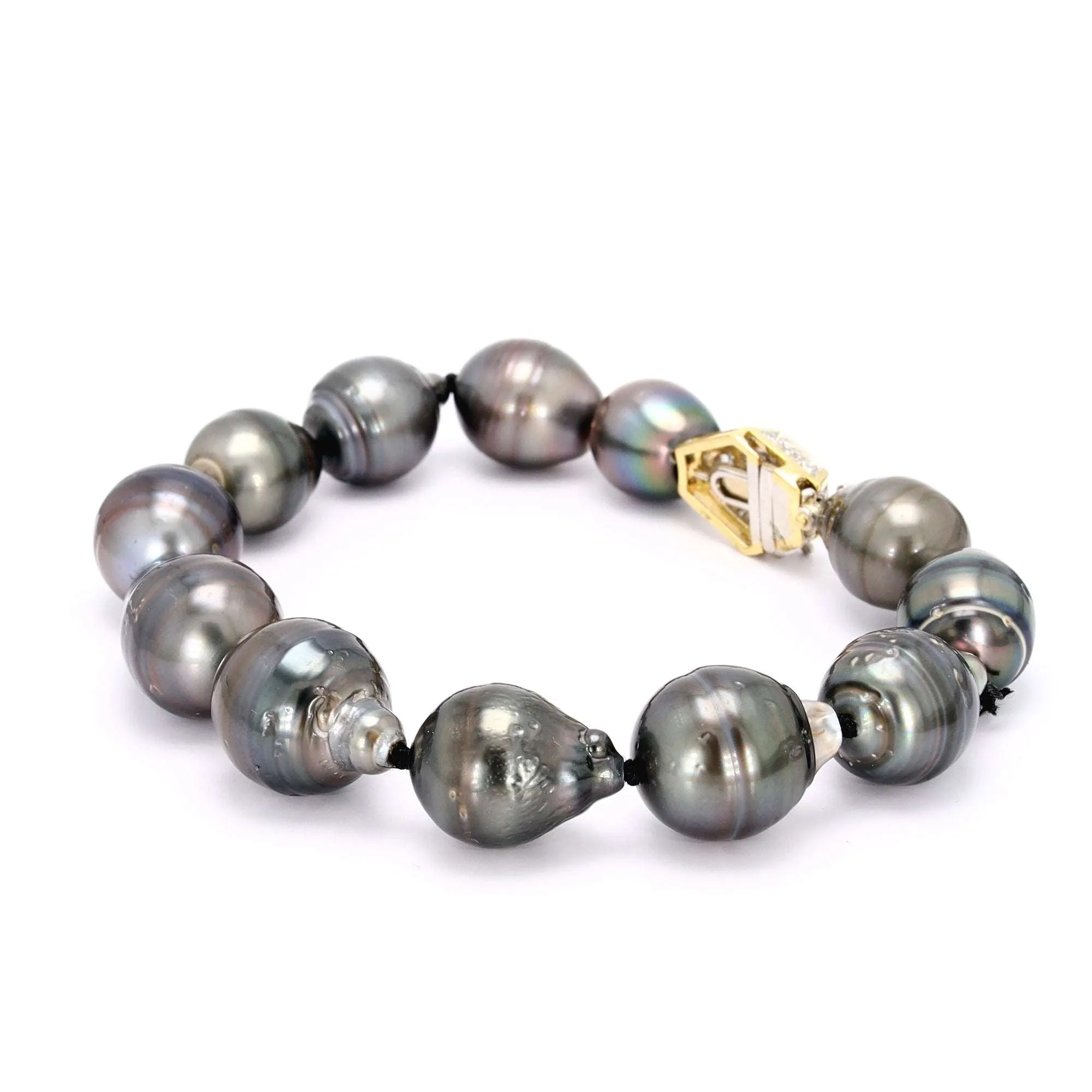 Baroque Black Pearl Bracelet with Gold, Platinum and Diamond Clasp