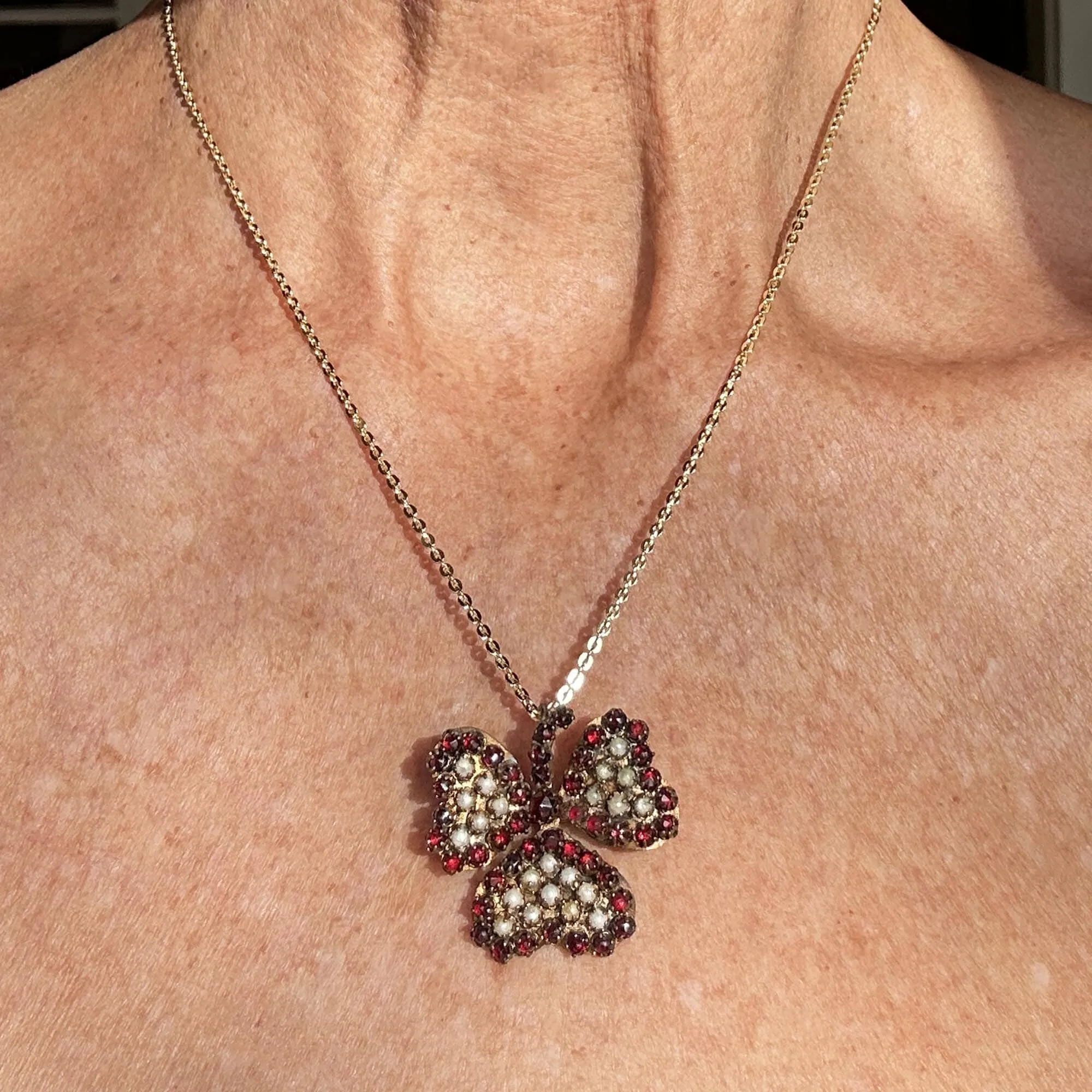 Bohemian Garnet Three Leaf Clover Shamrock Brooch Pendant