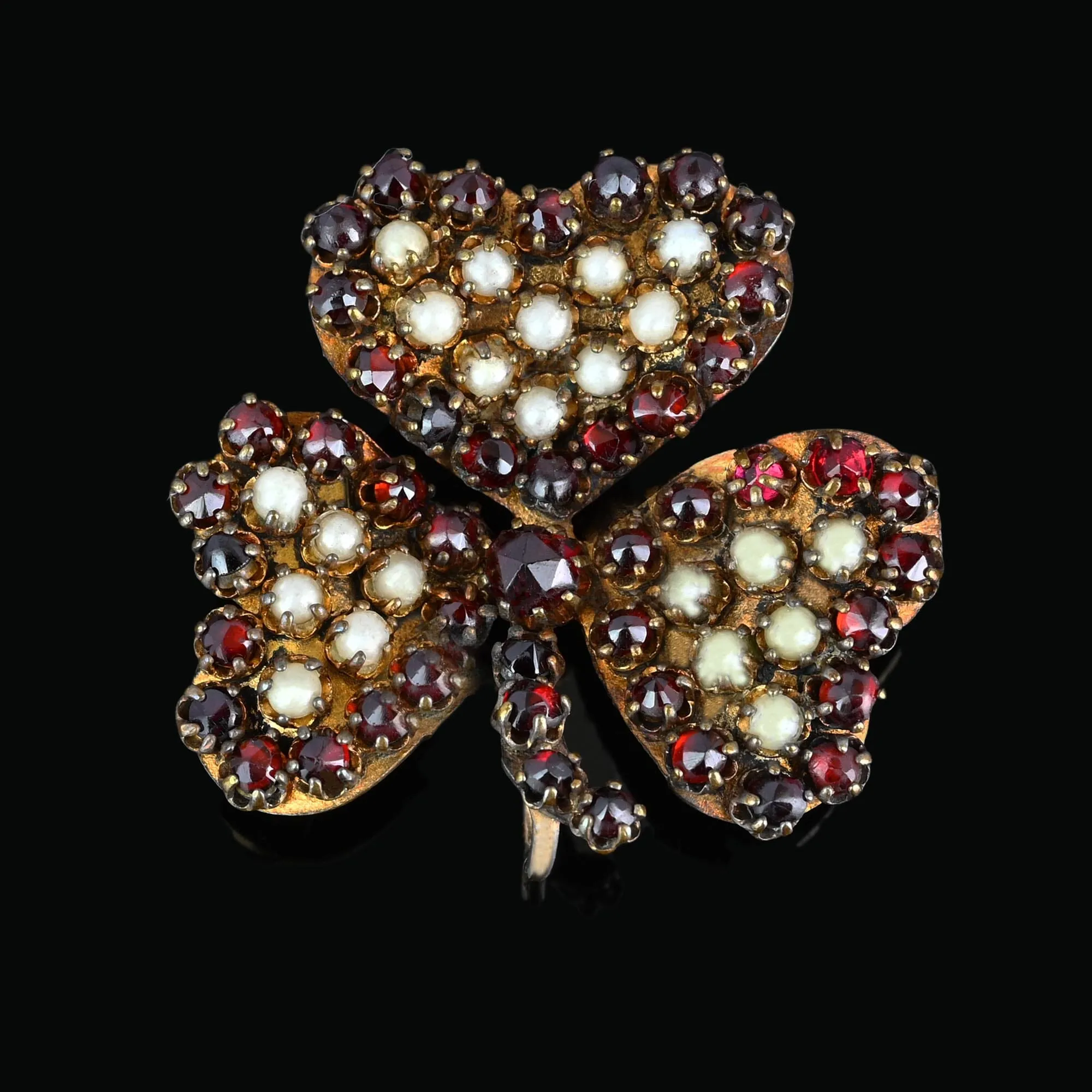 Bohemian Garnet Three Leaf Clover Shamrock Brooch Pendant